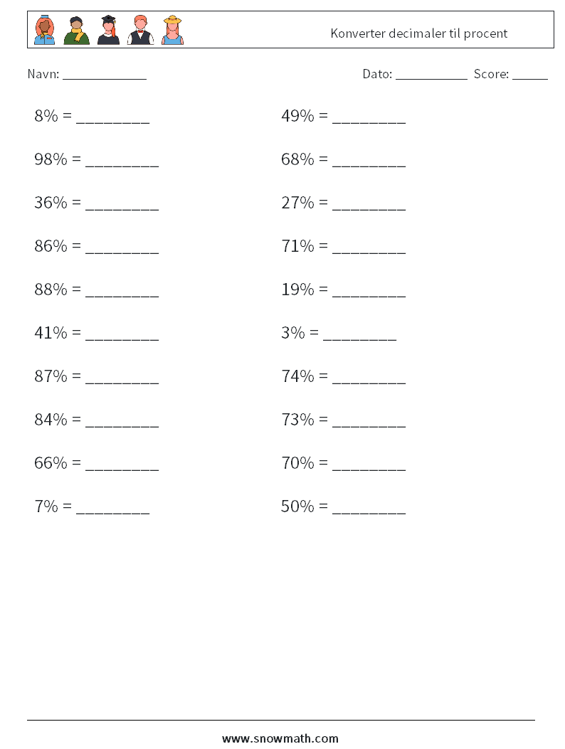 Konverter decimaler til procent Matematiske regneark 9