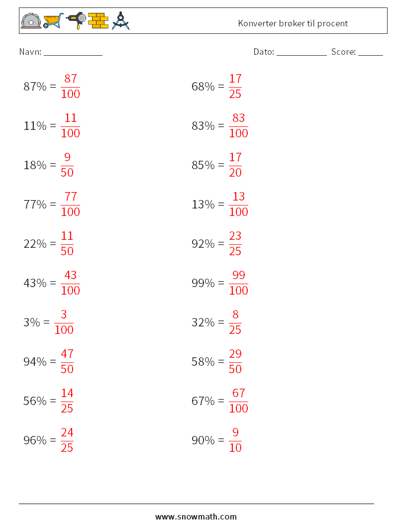 Konverter brøker til procent Matematiske regneark 1 Spørgsmål, svar