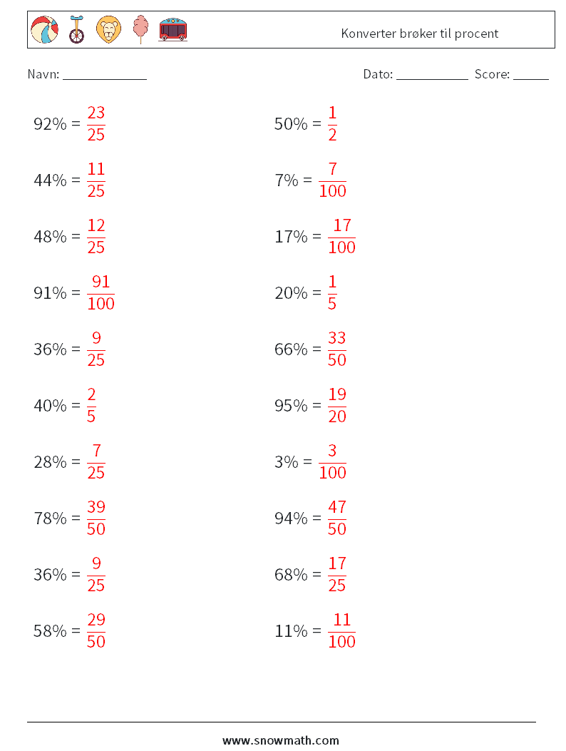 Konverter brøker til procent Matematiske regneark 6 Spørgsmål, svar