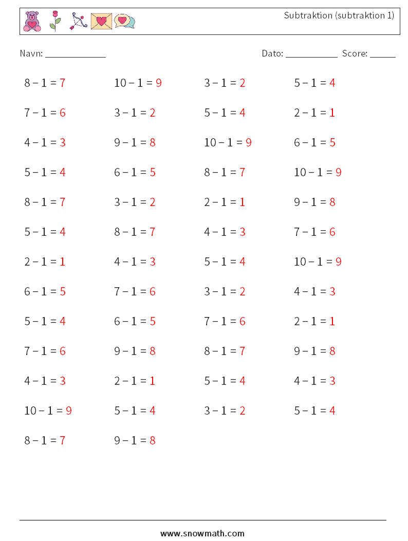 (50) Subtraktion (subtraktion 1) Matematiske regneark 1 Spørgsmål, svar