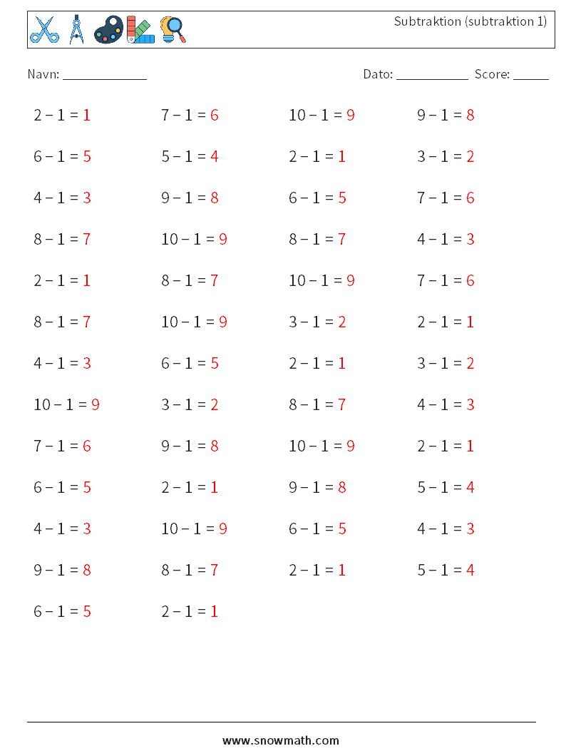 (50) Subtraktion (subtraktion 1) Matematiske regneark 3 Spørgsmål, svar