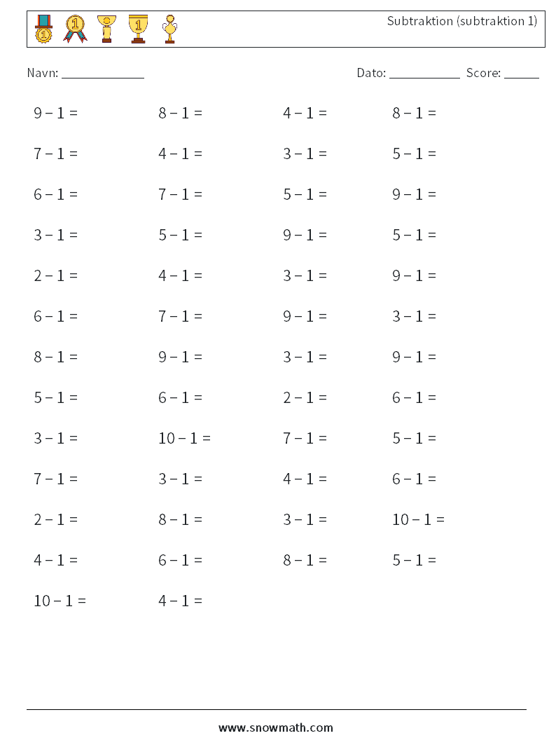 (50) Subtraktion (subtraktion 1) Matematiske regneark 4