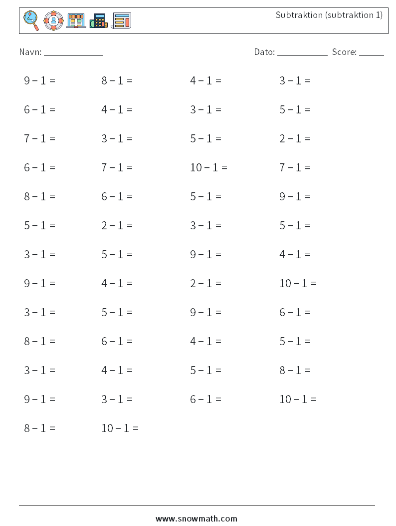 (50) Subtraktion (subtraktion 1) Matematiske regneark 5