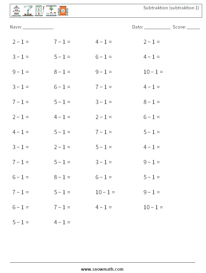 (50) Subtraktion (subtraktion 1) Matematiske regneark 6