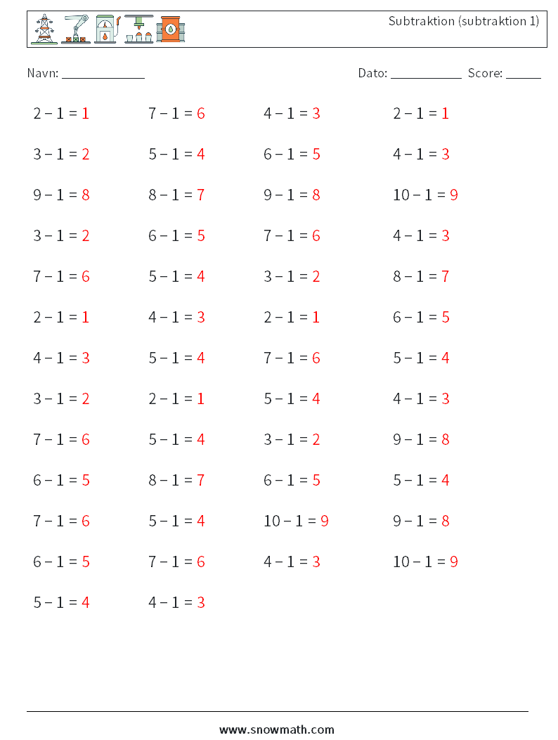 (50) Subtraktion (subtraktion 1) Matematiske regneark 6 Spørgsmål, svar