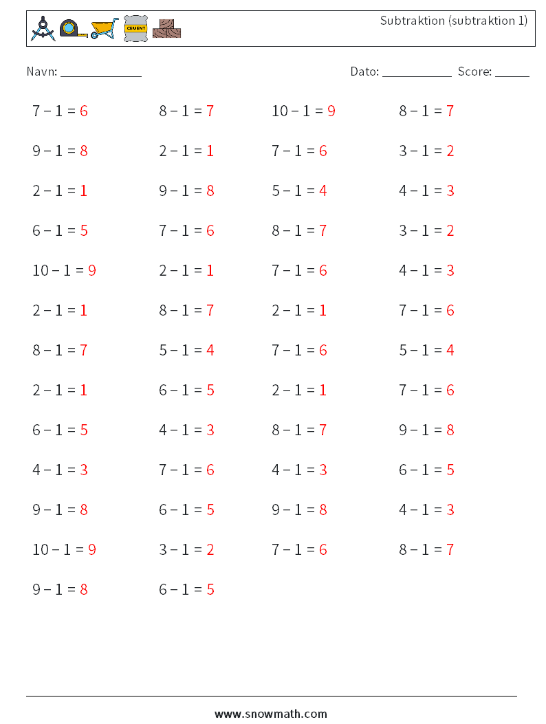 (50) Subtraktion (subtraktion 1) Matematiske regneark 8 Spørgsmål, svar