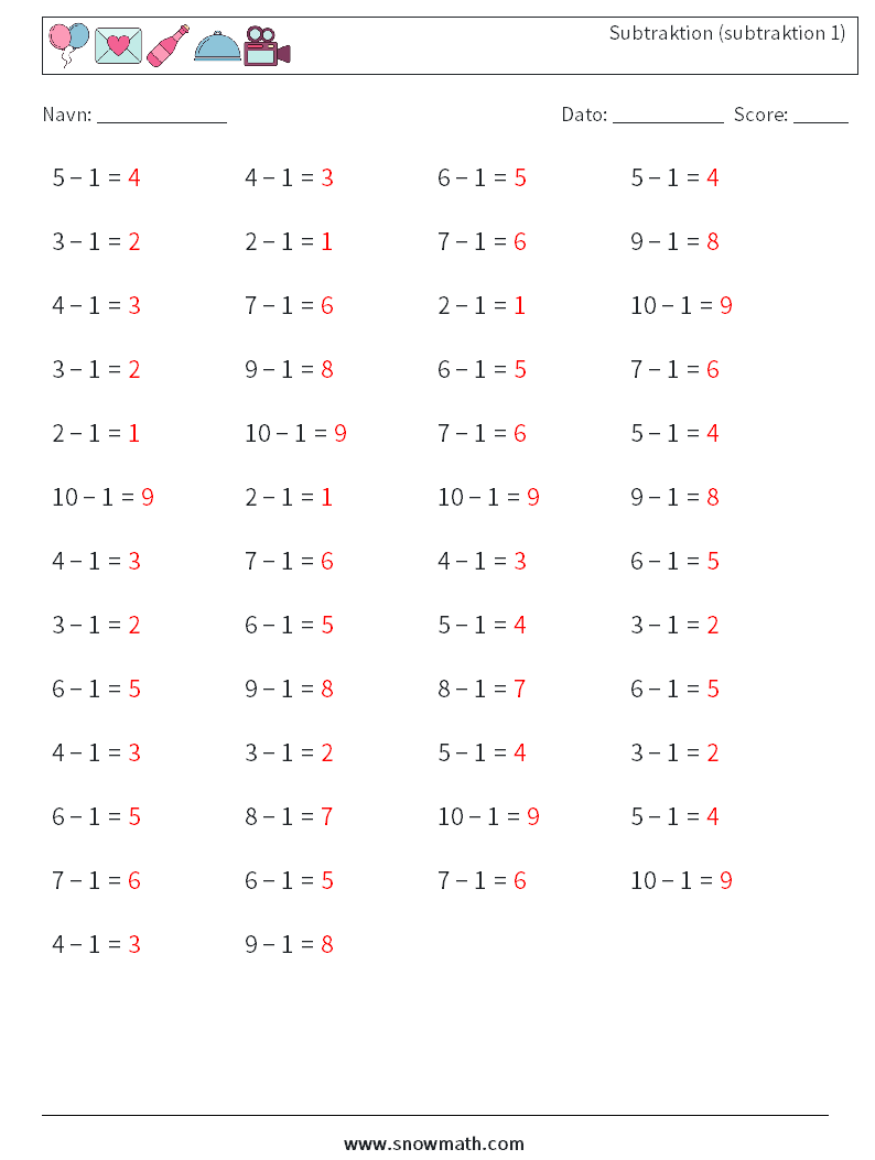 (50) Subtraktion (subtraktion 1) Matematiske regneark 9 Spørgsmål, svar