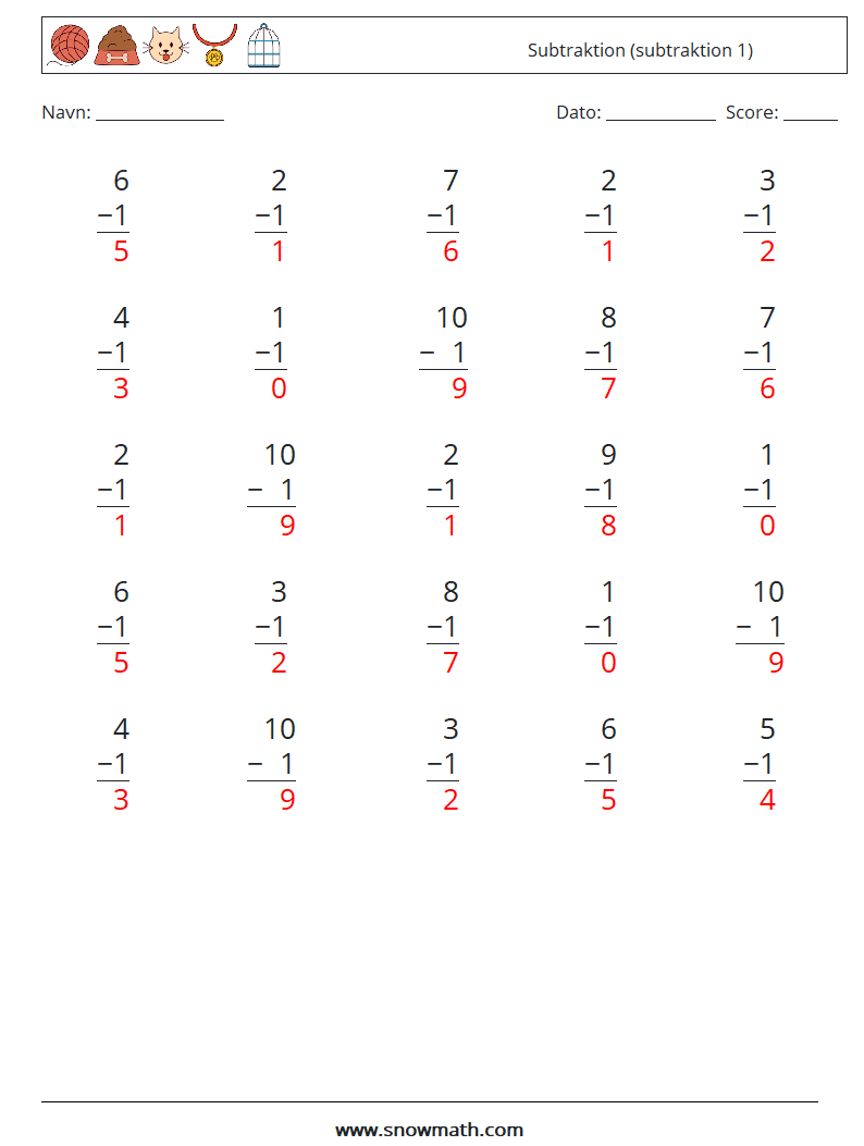 (25) Subtraktion (subtraktion 1) Matematiske regneark 1 Spørgsmål, svar