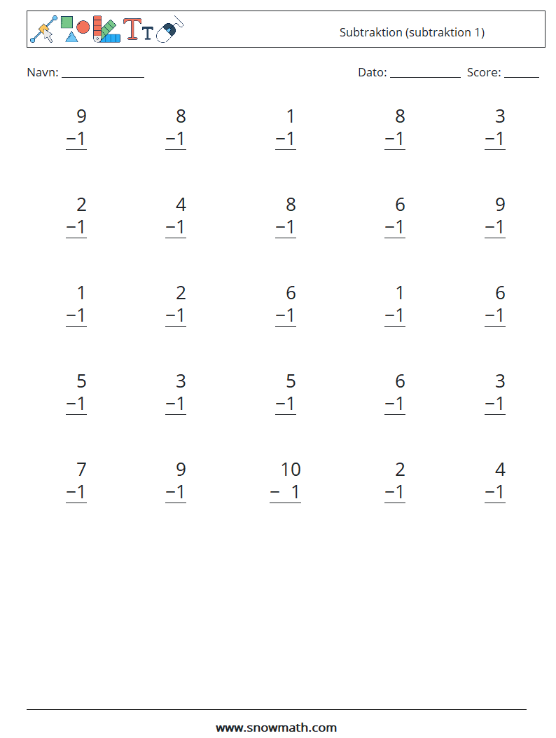 (25) Subtraktion (subtraktion 1) Matematiske regneark 2