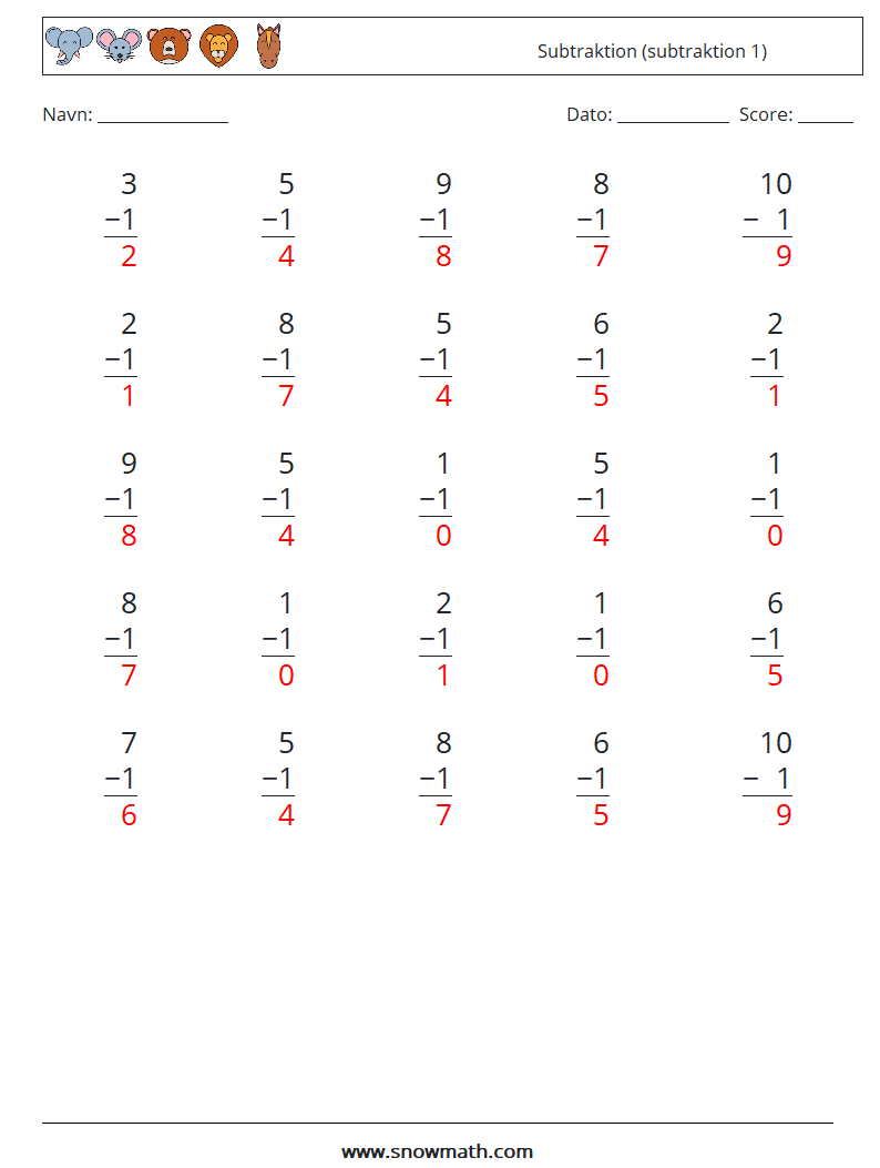 (25) Subtraktion (subtraktion 1) Matematiske regneark 3 Spørgsmål, svar