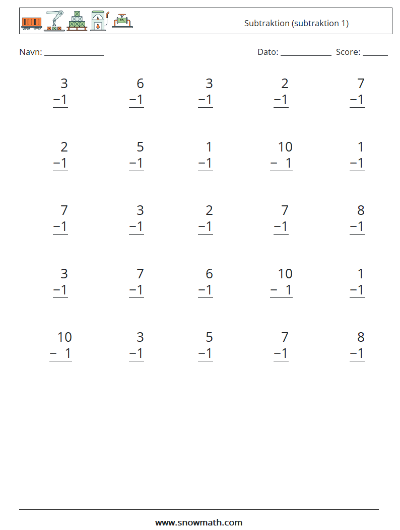 (25) Subtraktion (subtraktion 1) Matematiske regneark 4