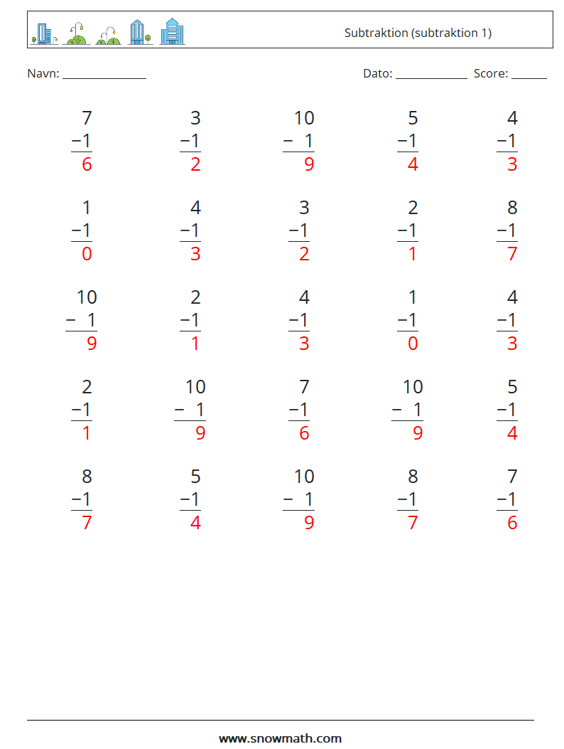 (25) Subtraktion (subtraktion 1) Matematiske regneark 5 Spørgsmål, svar