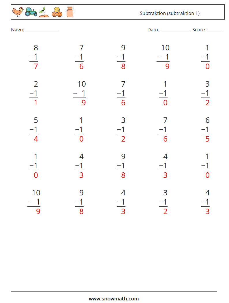 (25) Subtraktion (subtraktion 1) Matematiske regneark 6 Spørgsmål, svar