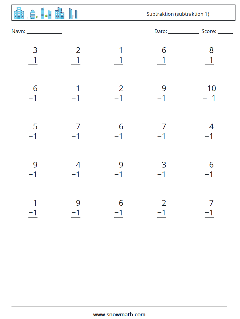 (25) Subtraktion (subtraktion 1) Matematiske regneark 7