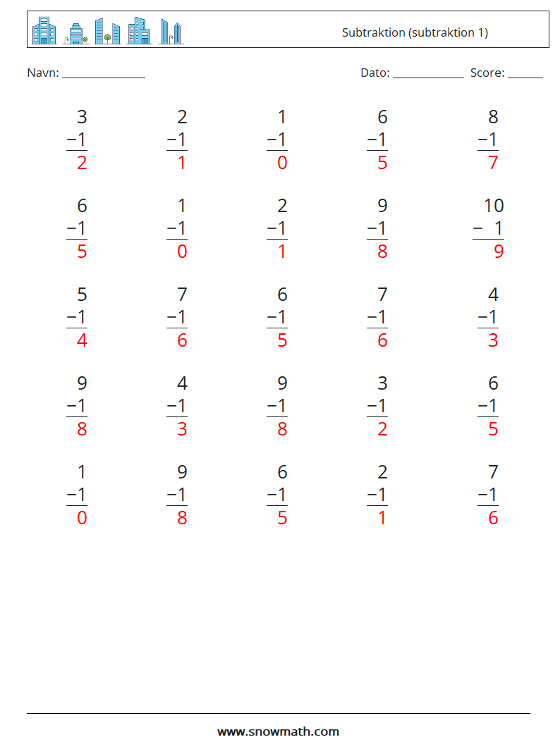 (25) Subtraktion (subtraktion 1) Matematiske regneark 7 Spørgsmål, svar