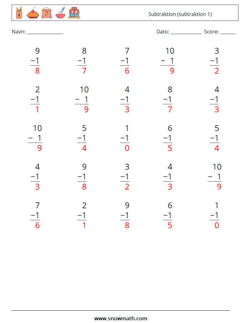 (25) Subtraktion (subtraktion 1) Matematiske regneark 9 Spørgsmål, svar