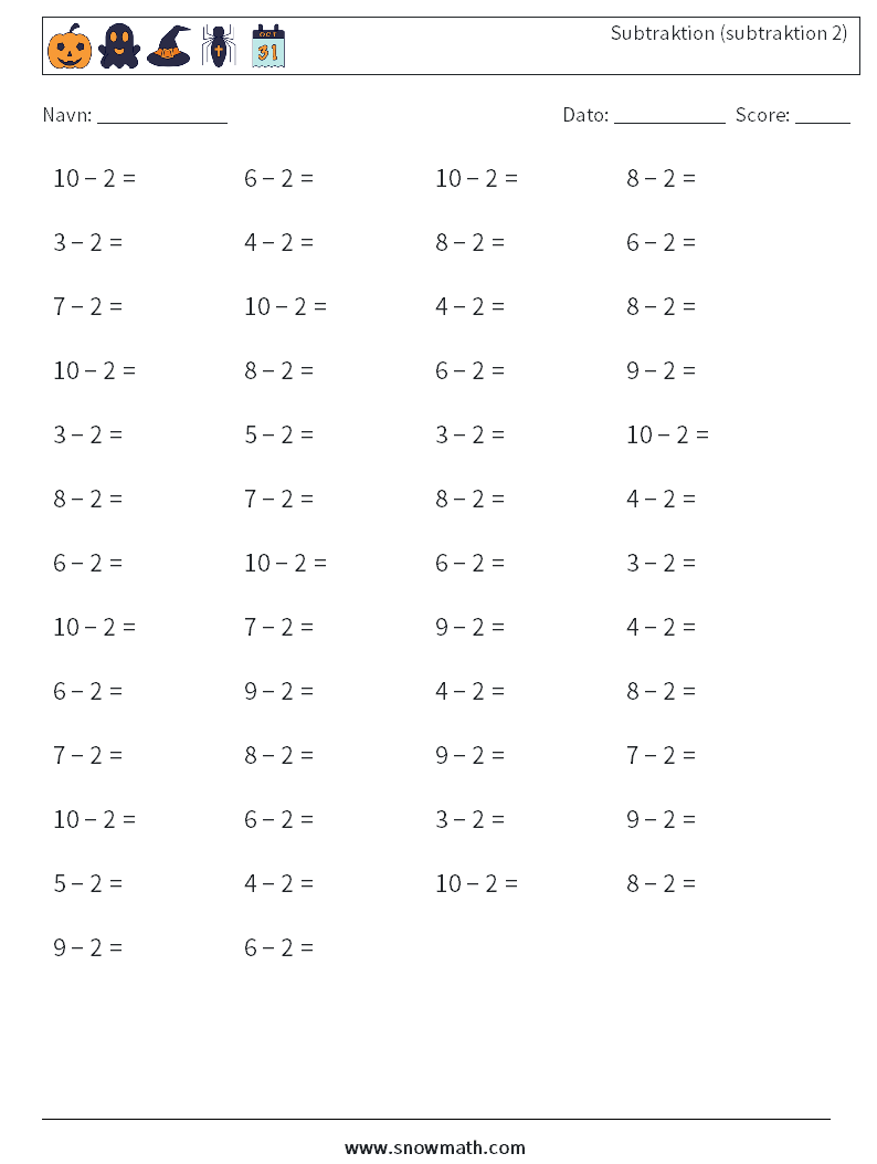 (50) Subtraktion (subtraktion 2) Matematiske regneark 1