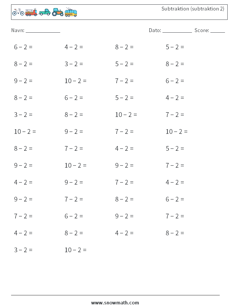 (50) Subtraktion (subtraktion 2) Matematiske regneark 5
