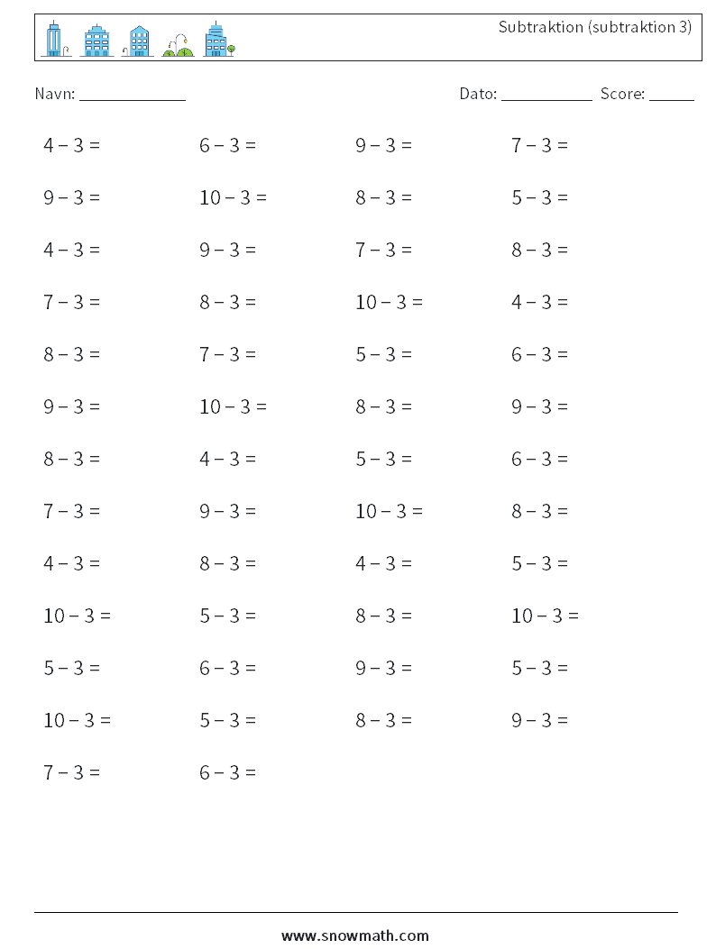 (50) Subtraktion (subtraktion 3) Matematiske regneark 1