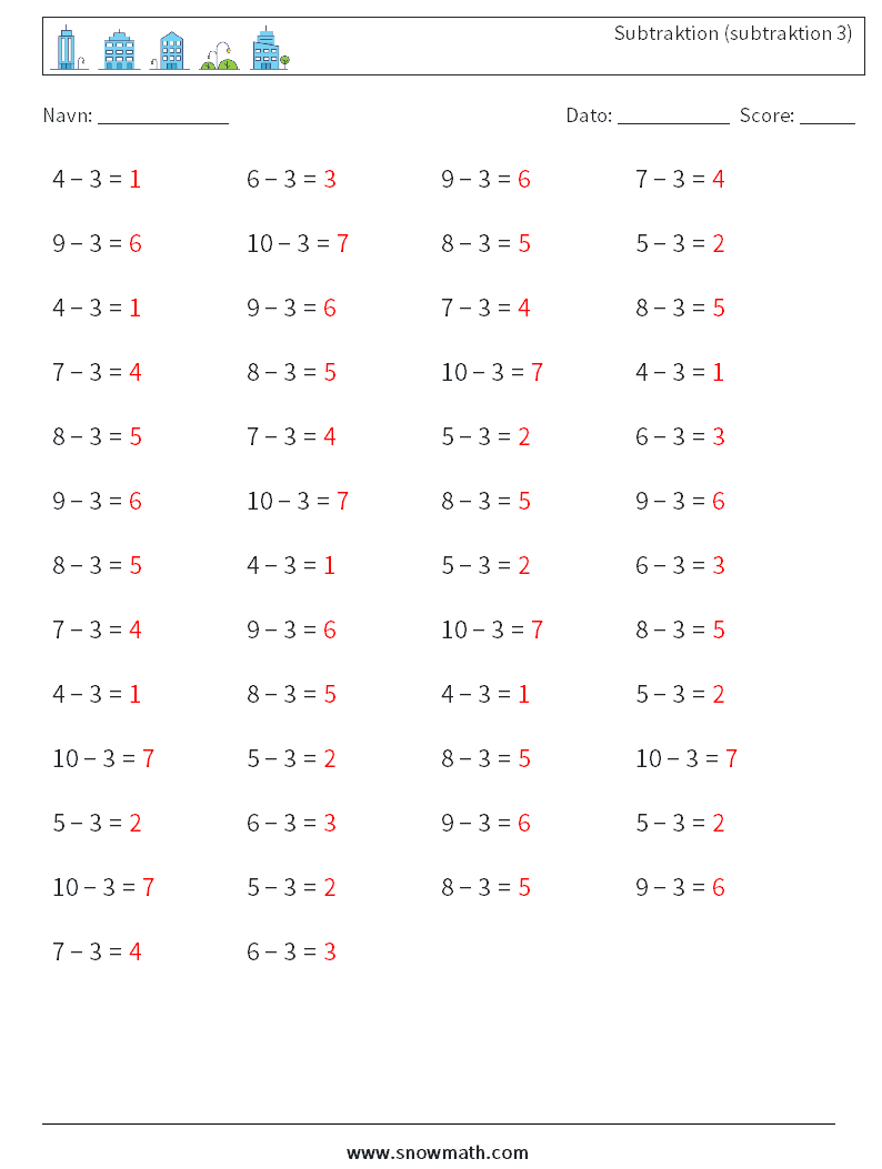 (50) Subtraktion (subtraktion 3) Matematiske regneark 1 Spørgsmål, svar