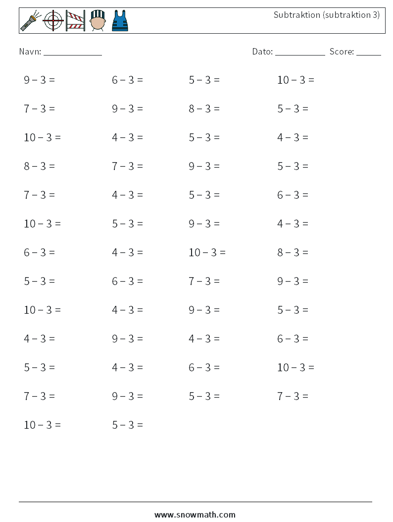 (50) Subtraktion (subtraktion 3) Matematiske regneark 3