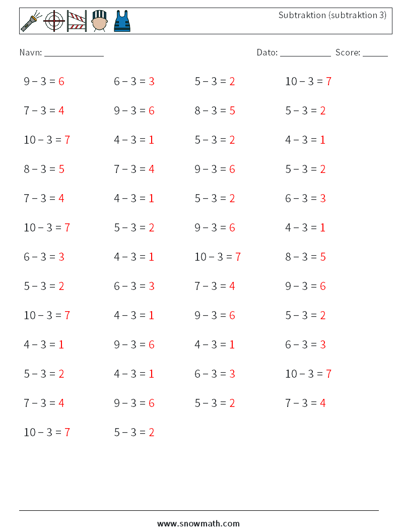 (50) Subtraktion (subtraktion 3) Matematiske regneark 3 Spørgsmål, svar