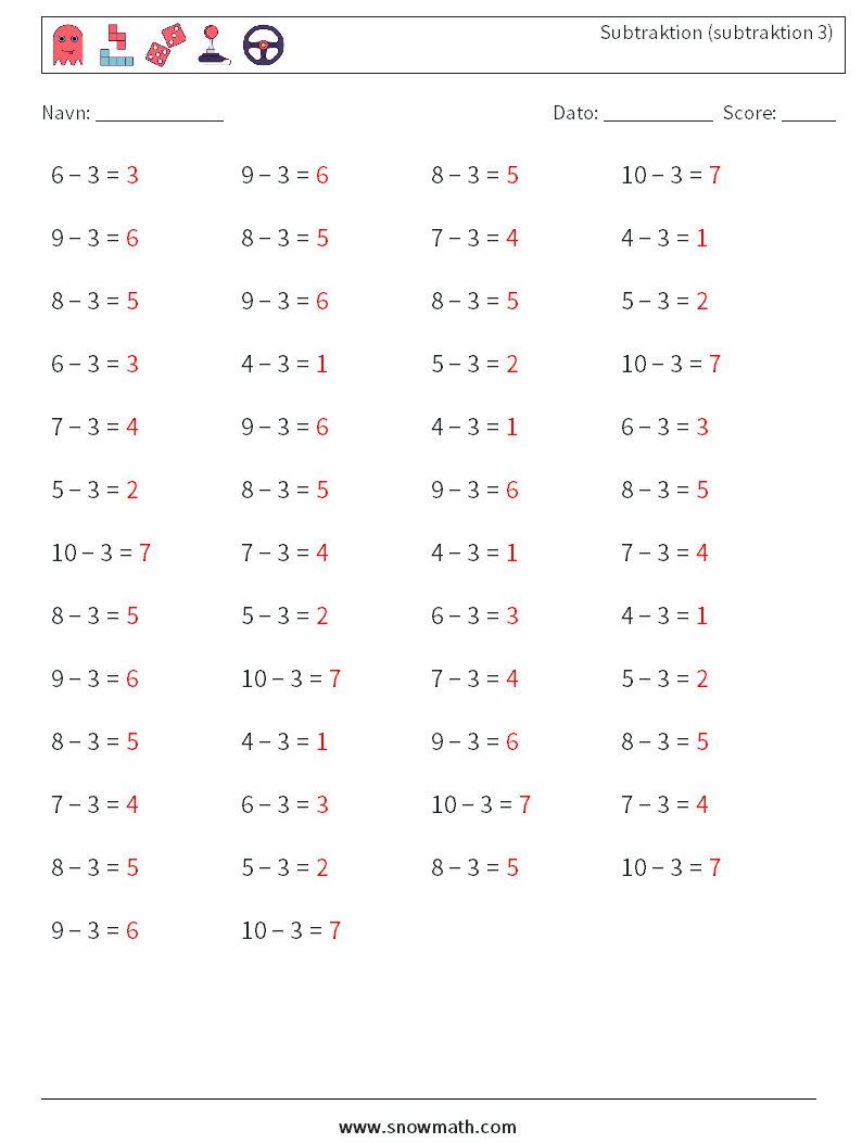 (50) Subtraktion (subtraktion 3) Matematiske regneark 4 Spørgsmål, svar