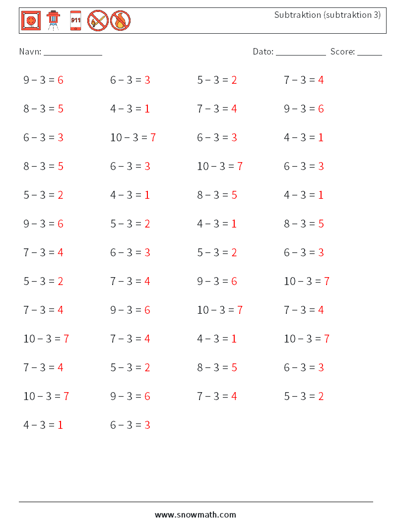 (50) Subtraktion (subtraktion 3) Matematiske regneark 5 Spørgsmål, svar