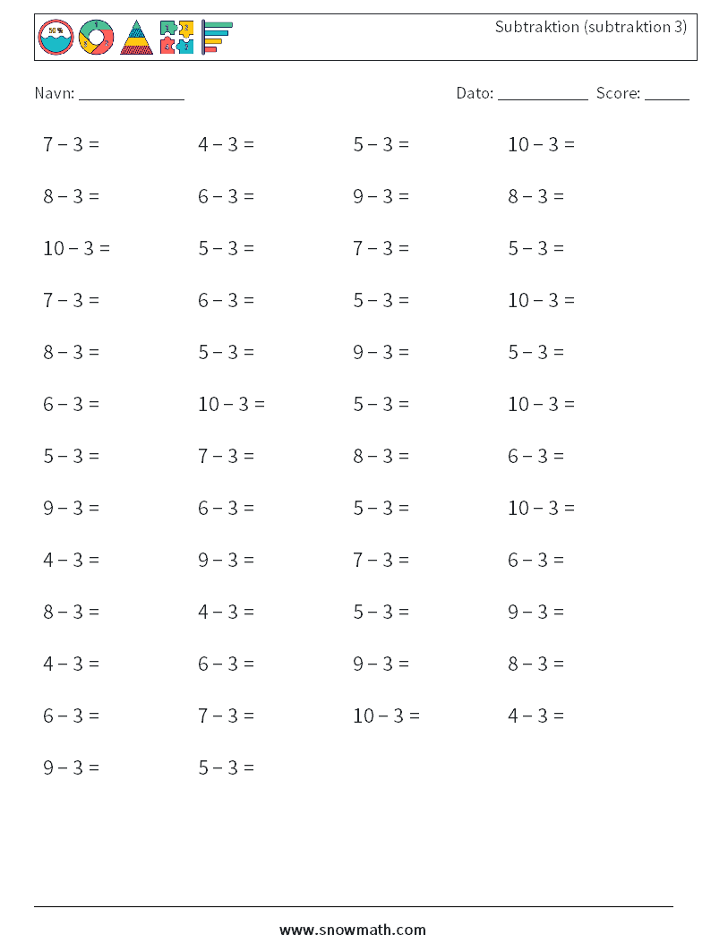 (50) Subtraktion (subtraktion 3) Matematiske regneark 6
