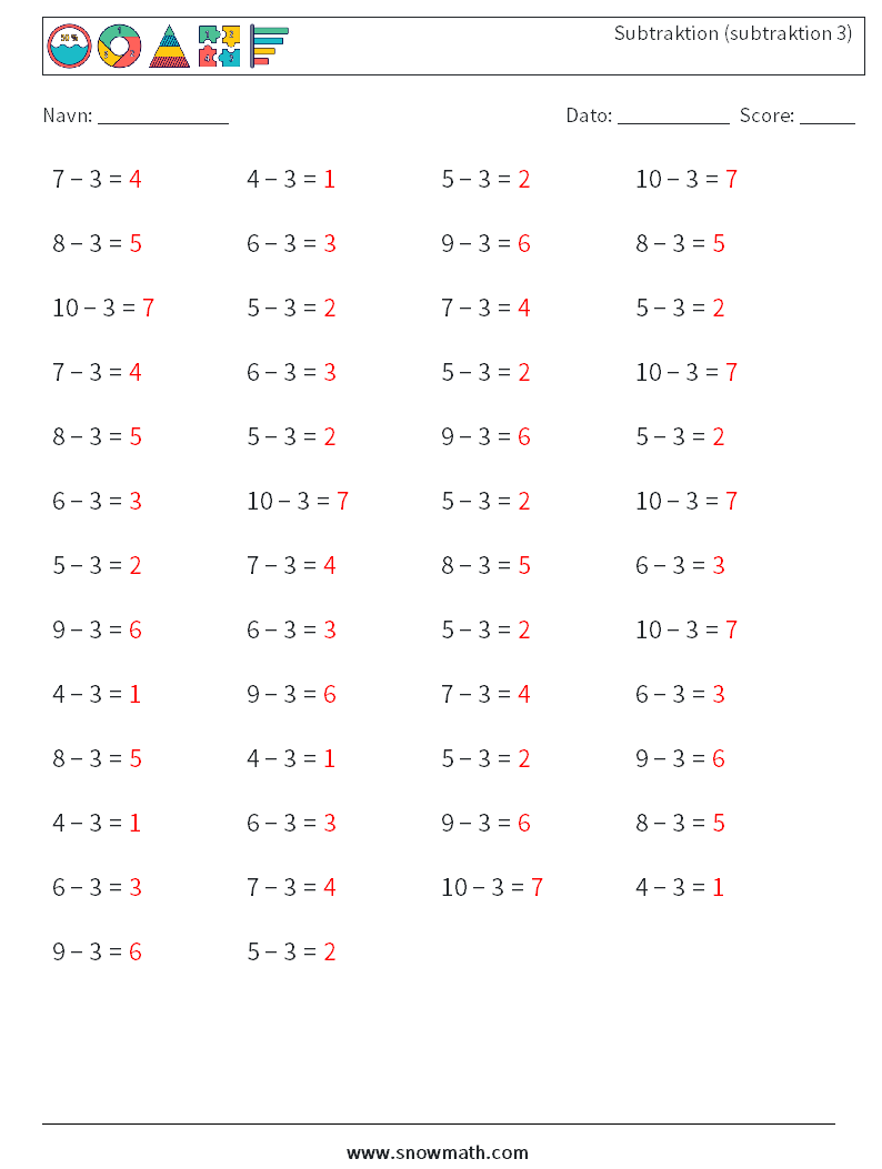 (50) Subtraktion (subtraktion 3) Matematiske regneark 6 Spørgsmål, svar