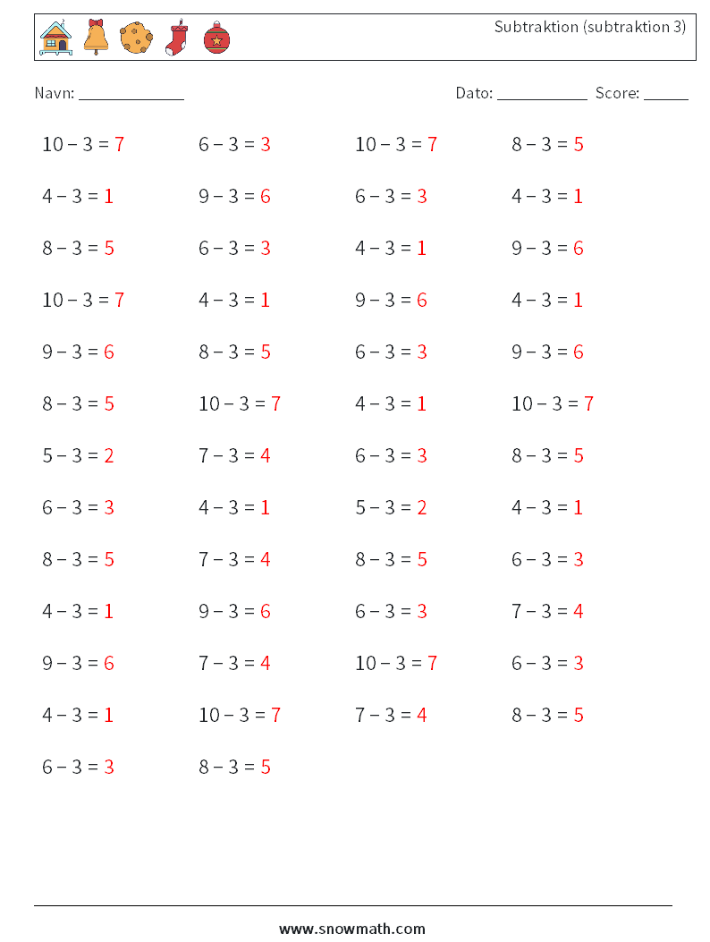 (50) Subtraktion (subtraktion 3) Matematiske regneark 7 Spørgsmål, svar