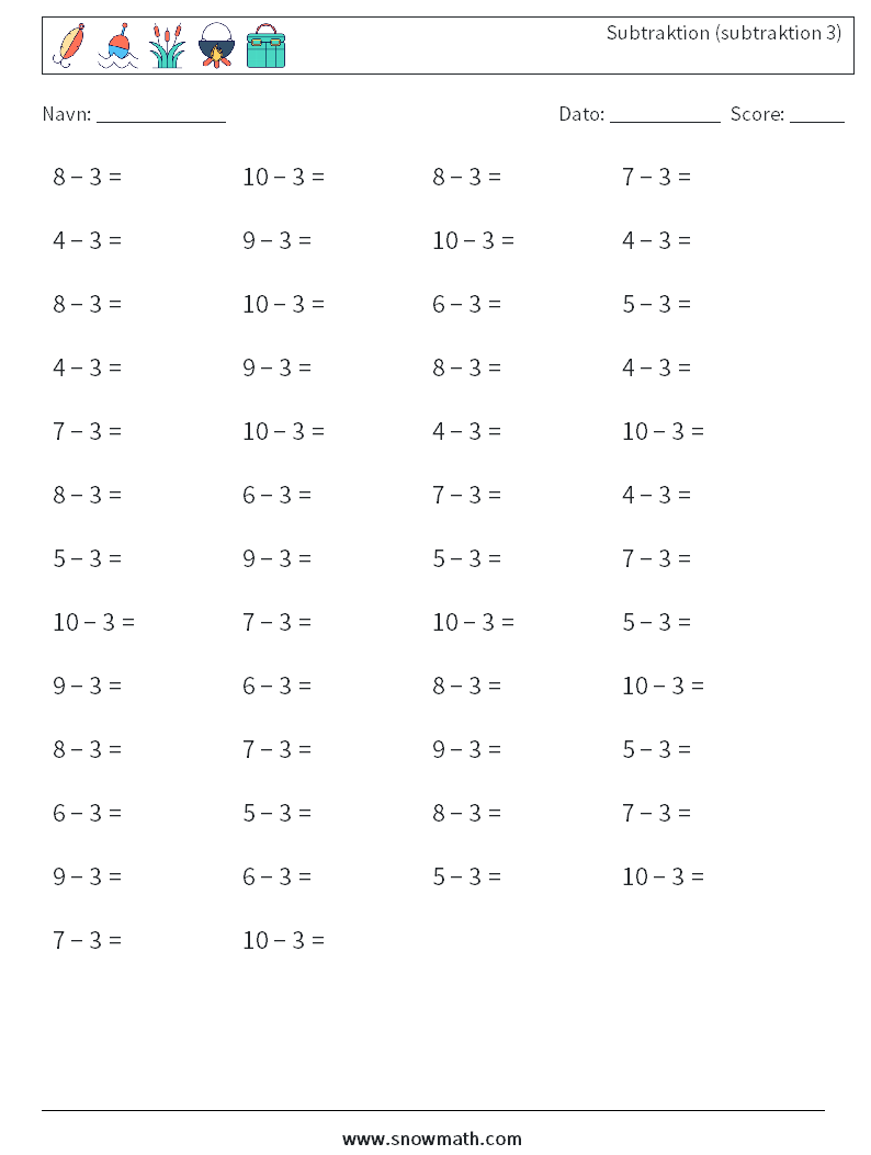 (50) Subtraktion (subtraktion 3) Matematiske regneark 8