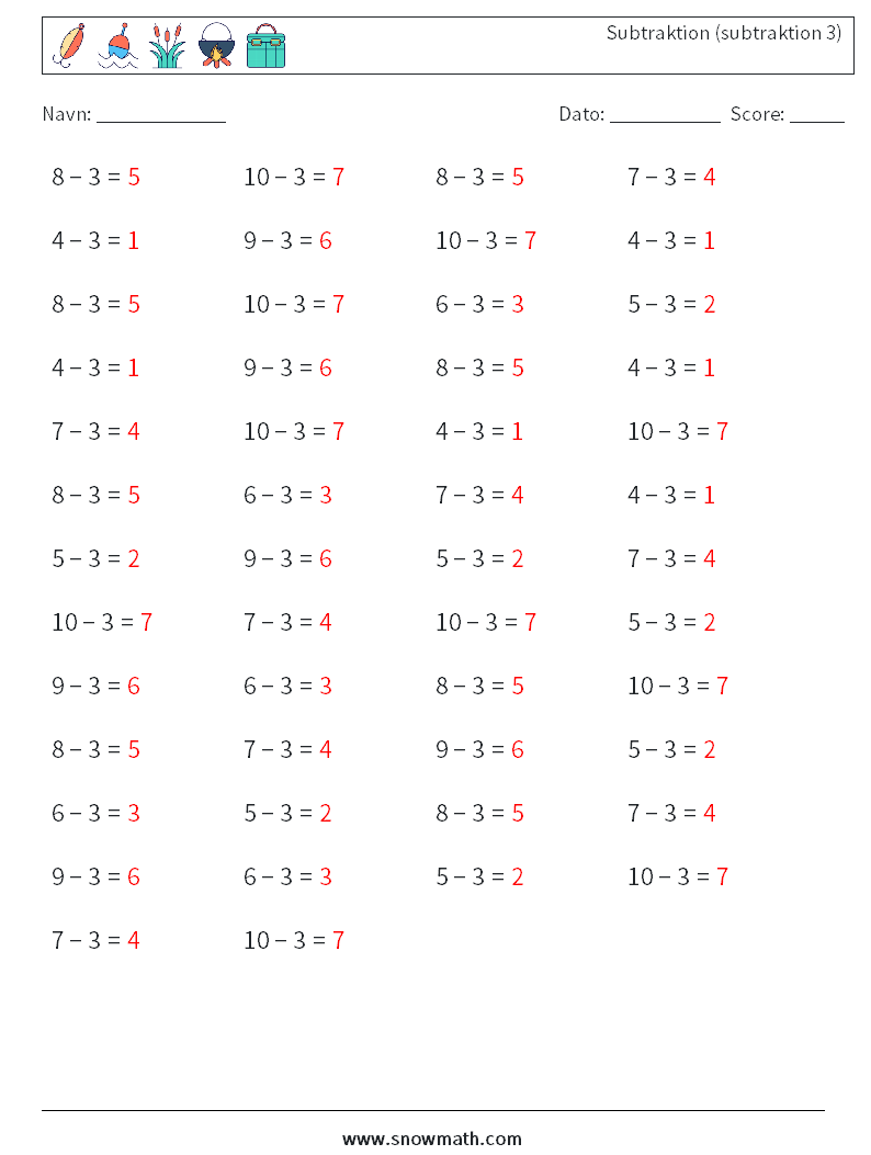 (50) Subtraktion (subtraktion 3) Matematiske regneark 8 Spørgsmål, svar