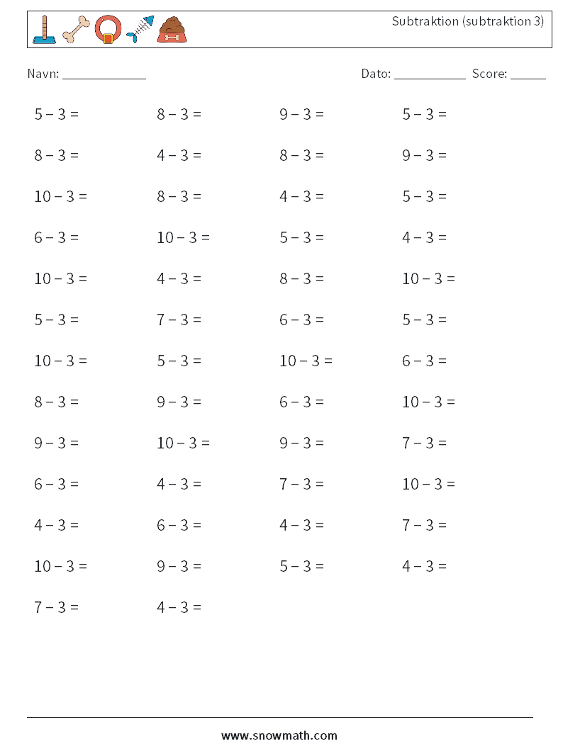 (50) Subtraktion (subtraktion 3) Matematiske regneark 9