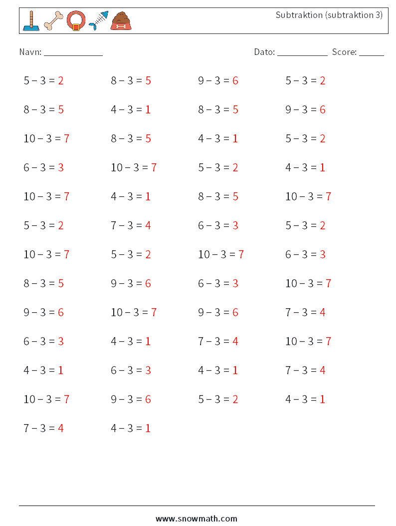 (50) Subtraktion (subtraktion 3) Matematiske regneark 9 Spørgsmål, svar
