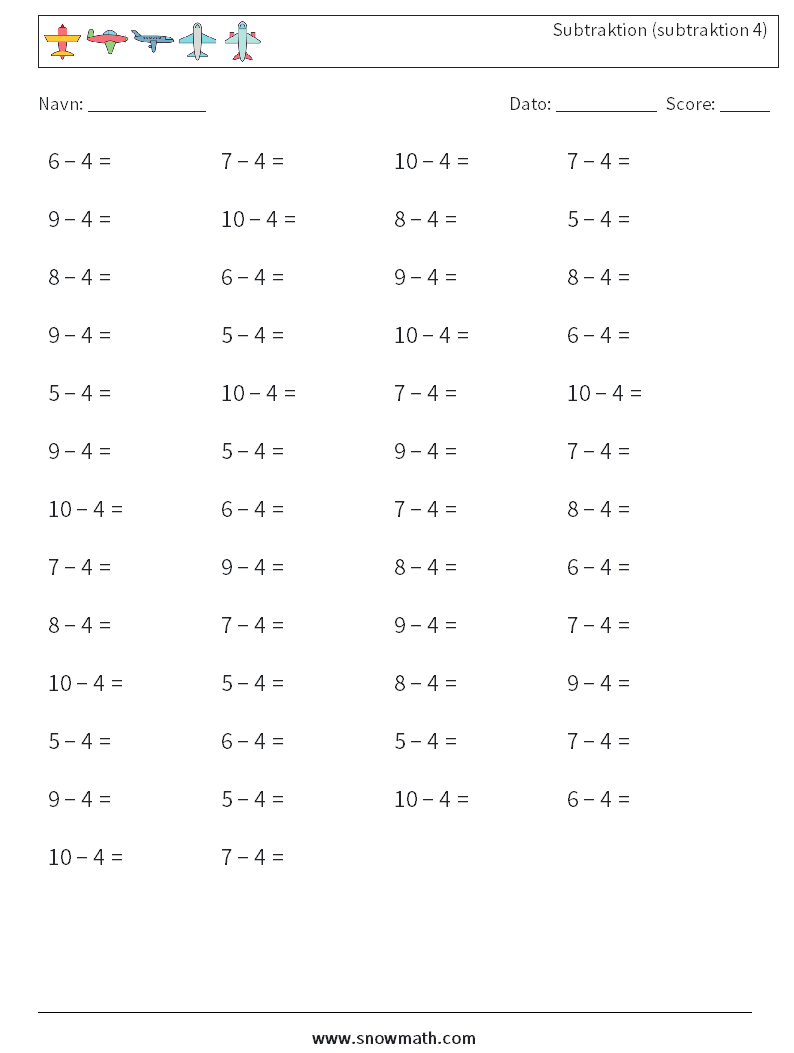 (50) Subtraktion (subtraktion 4) Matematiske regneark 1