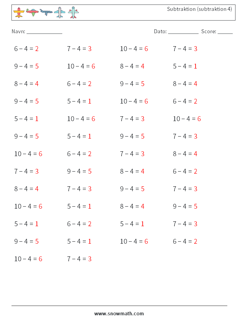 (50) Subtraktion (subtraktion 4) Matematiske regneark 1 Spørgsmål, svar