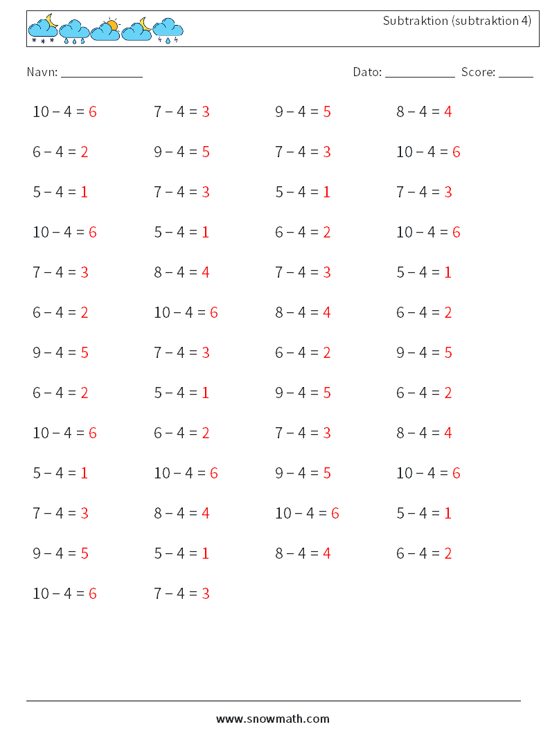 (50) Subtraktion (subtraktion 4) Matematiske regneark 2 Spørgsmål, svar