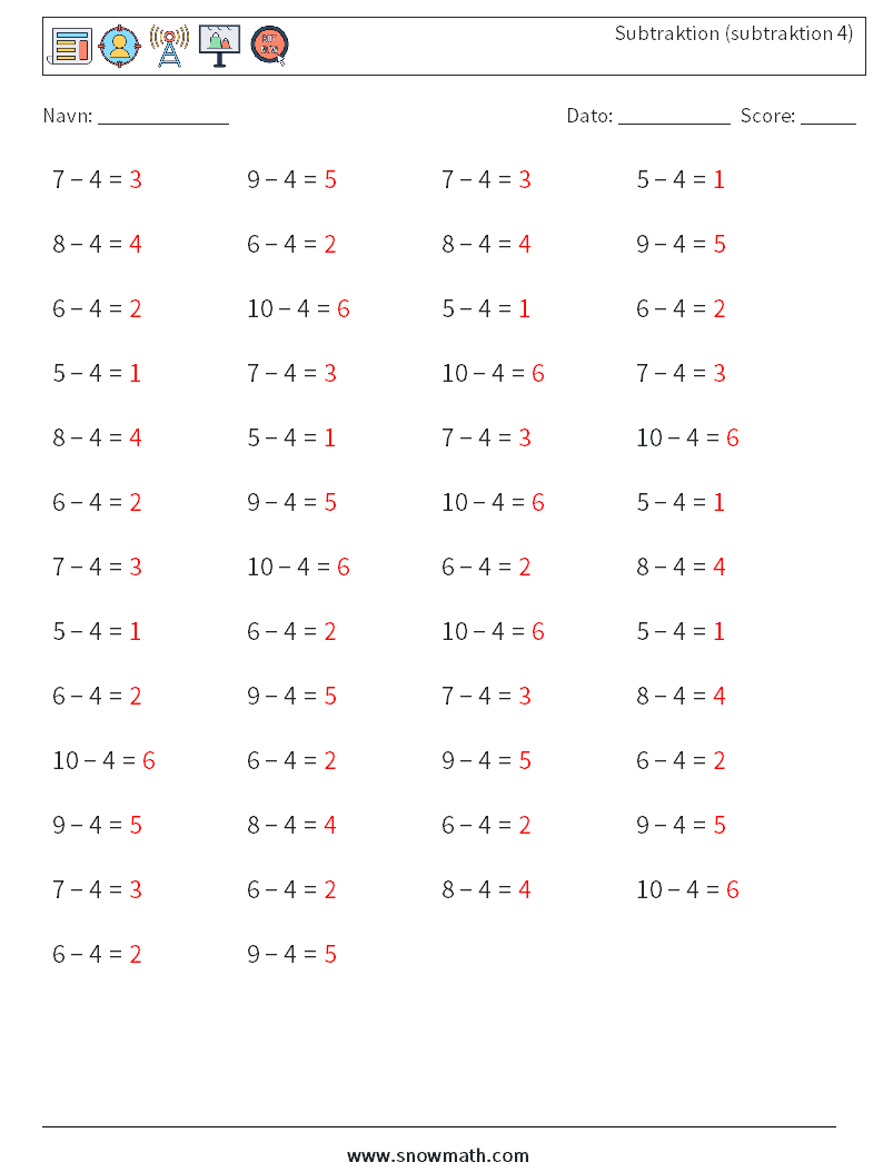 (50) Subtraktion (subtraktion 4) Matematiske regneark 3 Spørgsmål, svar