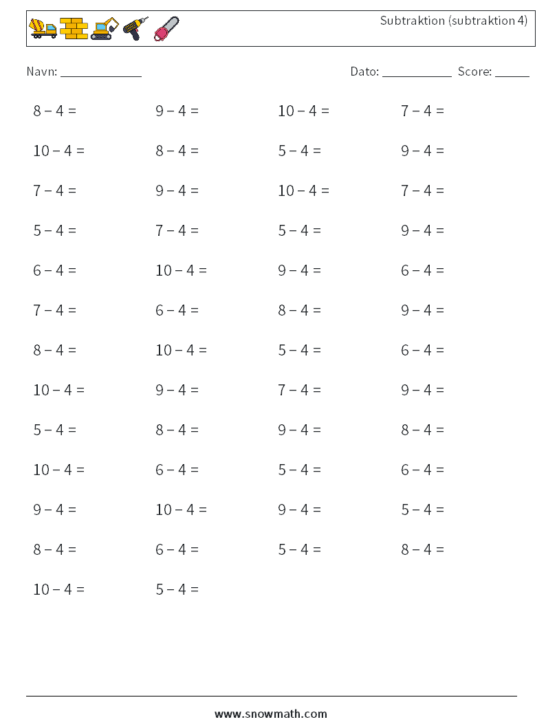 (50) Subtraktion (subtraktion 4) Matematiske regneark 4