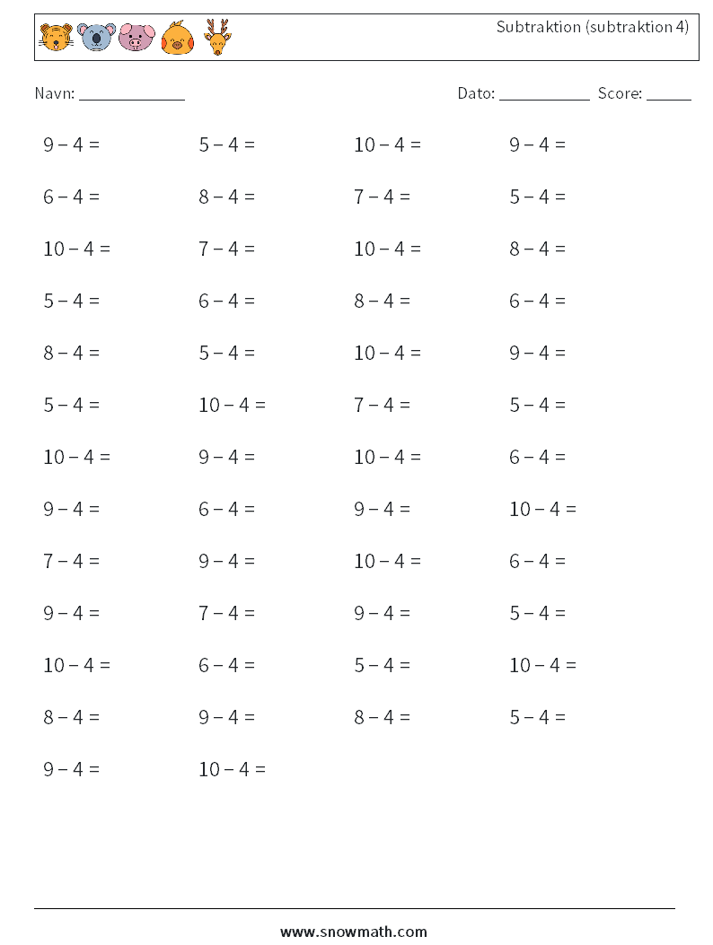 (50) Subtraktion (subtraktion 4) Matematiske regneark 5