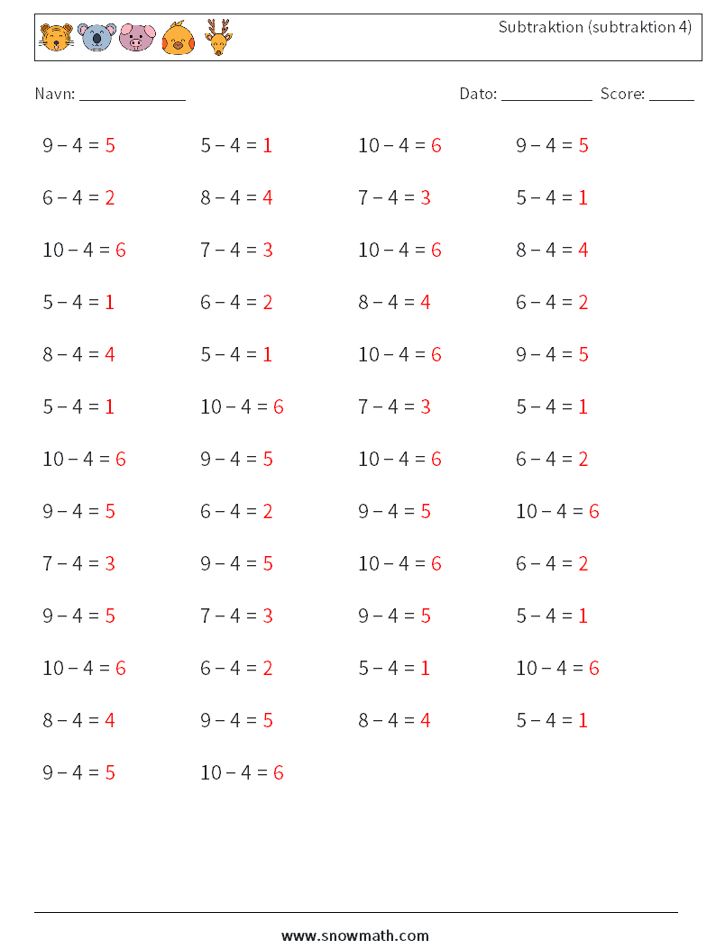 (50) Subtraktion (subtraktion 4) Matematiske regneark 5 Spørgsmål, svar