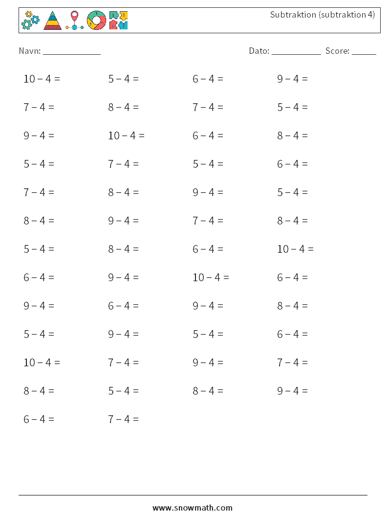 (50) Subtraktion (subtraktion 4) Matematiske regneark 6