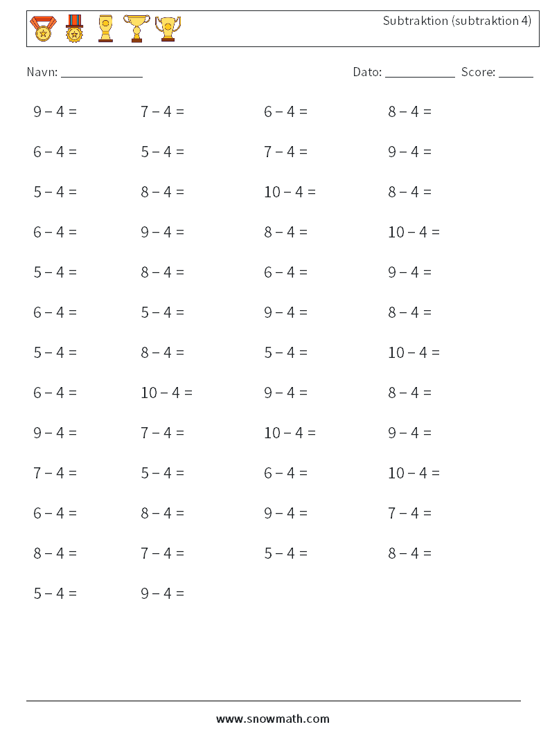 (50) Subtraktion (subtraktion 4) Matematiske regneark 7