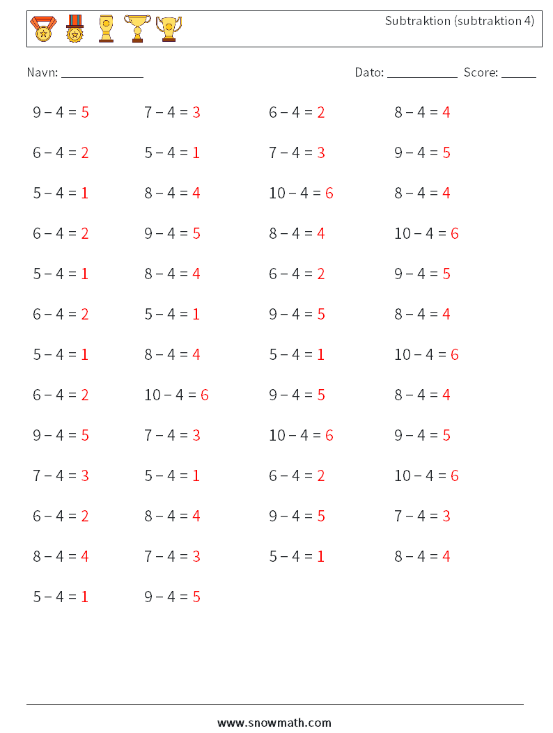 (50) Subtraktion (subtraktion 4) Matematiske regneark 7 Spørgsmål, svar