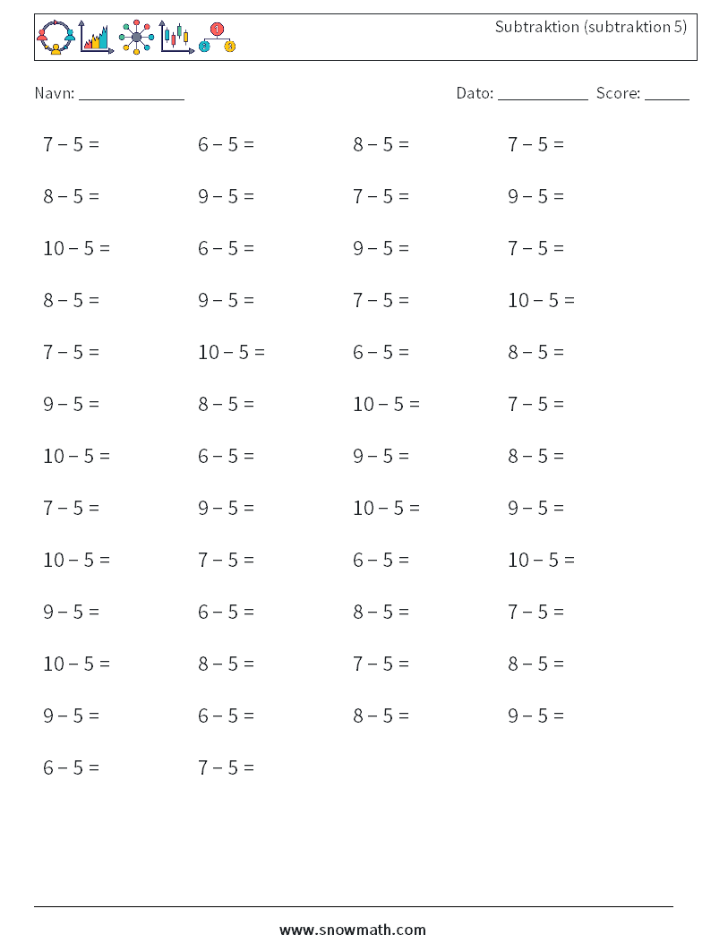 (50) Subtraktion (subtraktion 5) Matematiske regneark 1