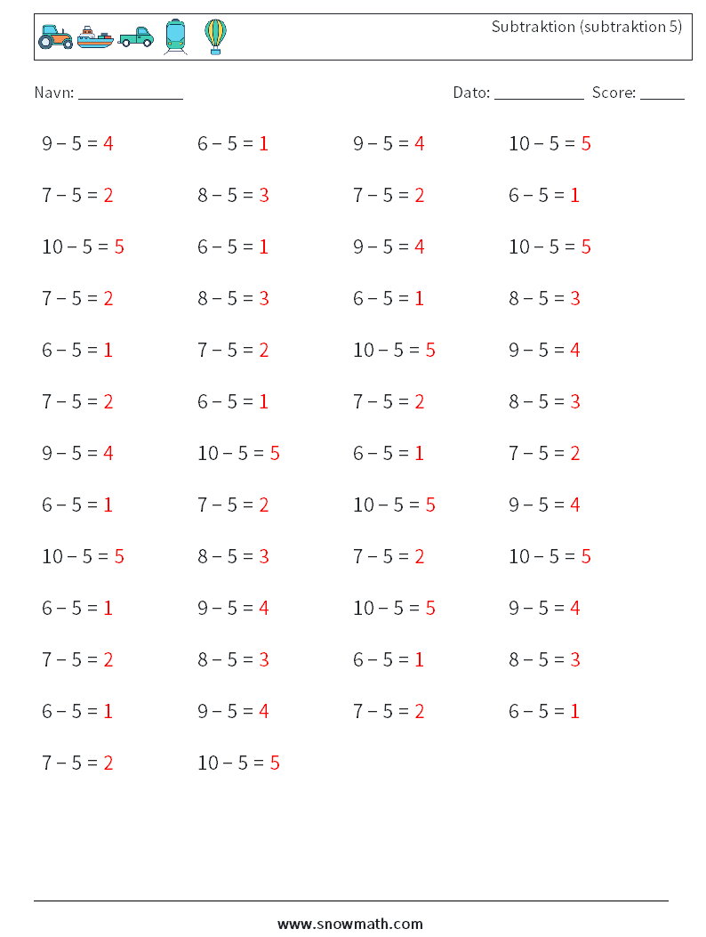 (50) Subtraktion (subtraktion 5) Matematiske regneark 3 Spørgsmål, svar