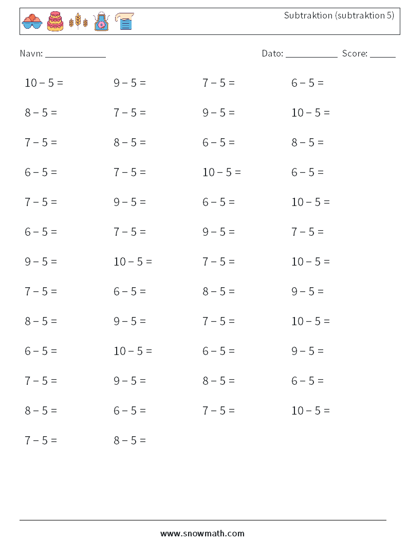 (50) Subtraktion (subtraktion 5) Matematiske regneark 4