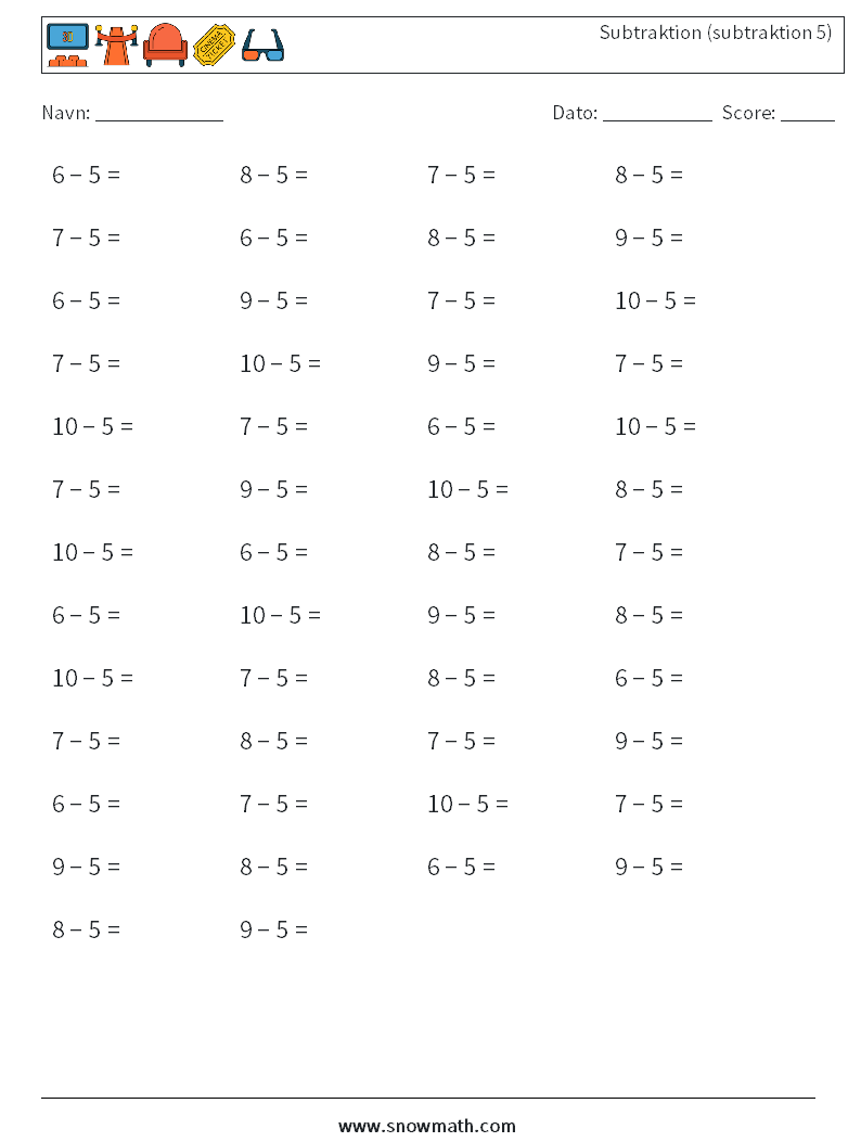 (50) Subtraktion (subtraktion 5) Matematiske regneark 5