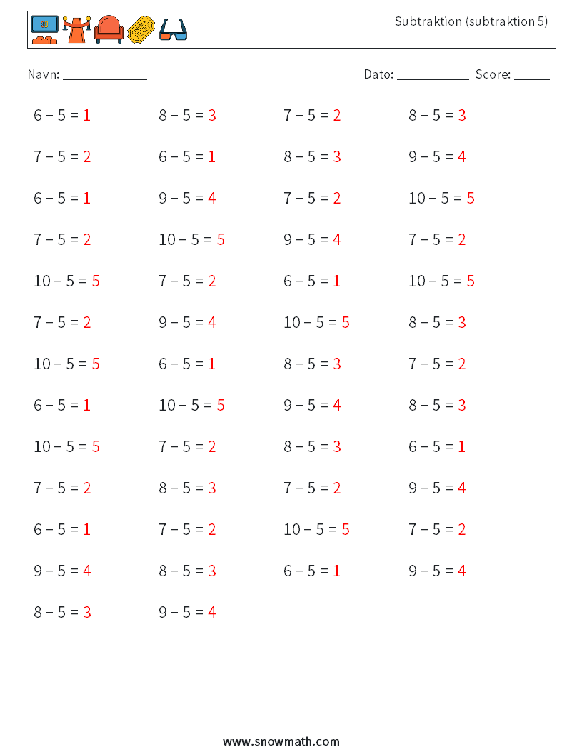 (50) Subtraktion (subtraktion 5) Matematiske regneark 5 Spørgsmål, svar